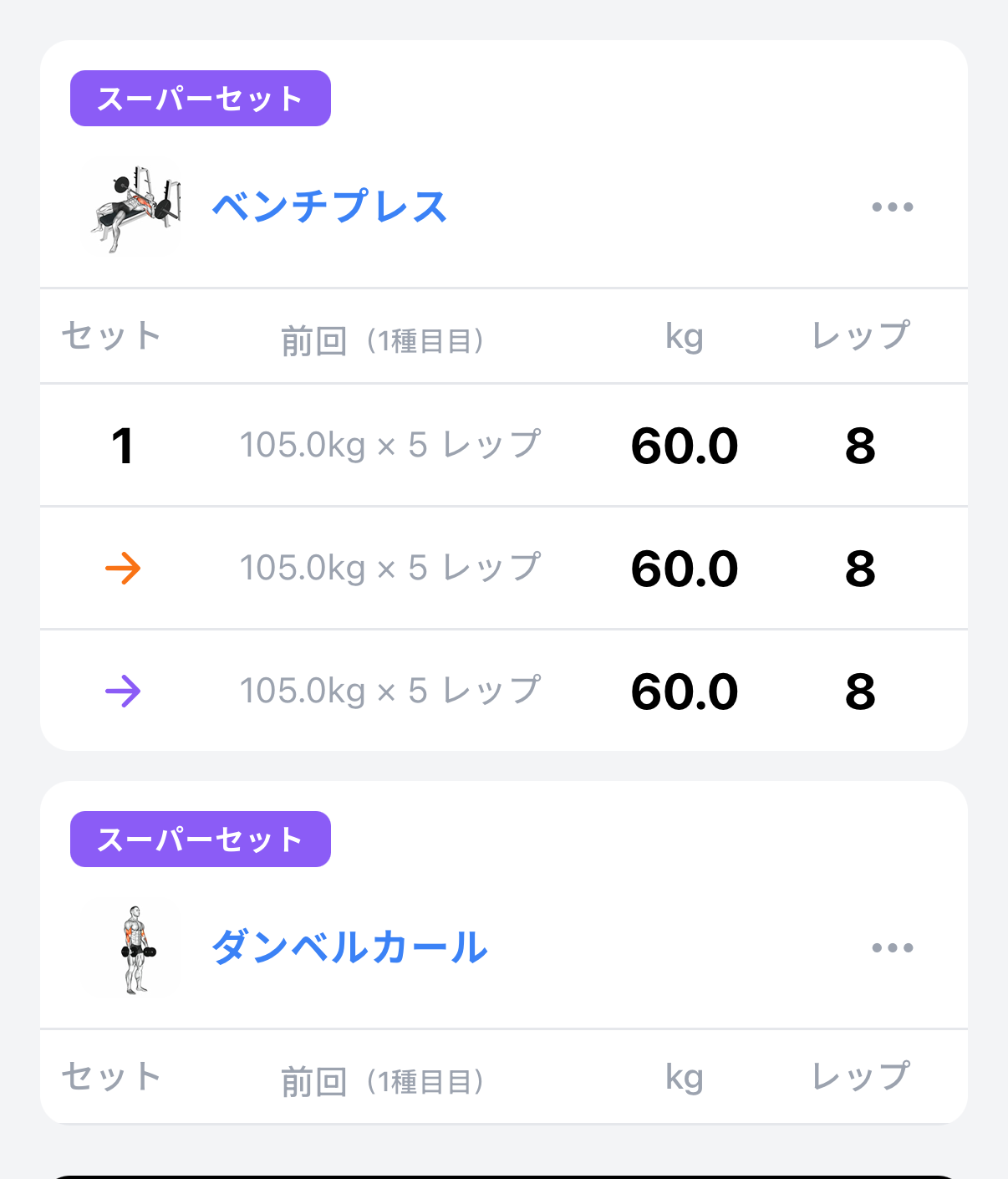 グループ化された2種目。両方のカードに同じ色の「スーパーセット」タグが付く
